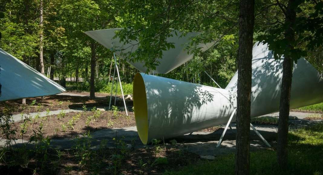 Paysage euphonique by MANI [Claudia Campeau, architect & Maud Benech, designer m. arch.], Montreal (Quebec) Canada. A set of giant play facilities creates a tension in our rapport with the landscape and forces us to see and hear nature differently. www.manimtl.wordpress.com : Photo credit © Martin Bond