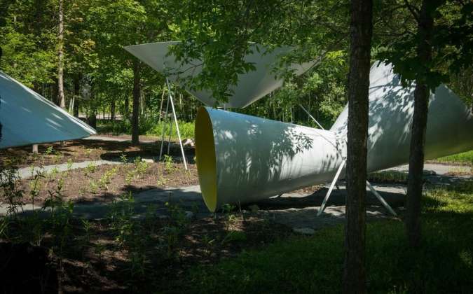 Paysage euphonique by MANI [Claudia Campeau, architect & Maud Benech, designer m. arch.], Montreal (Quebec) Canada. A set of giant play facilities creates a tension in our rapport with the landscape and forces us to see and hear nature differently. www.manimtl.wordpress.com : Photo credit © Martin Bond