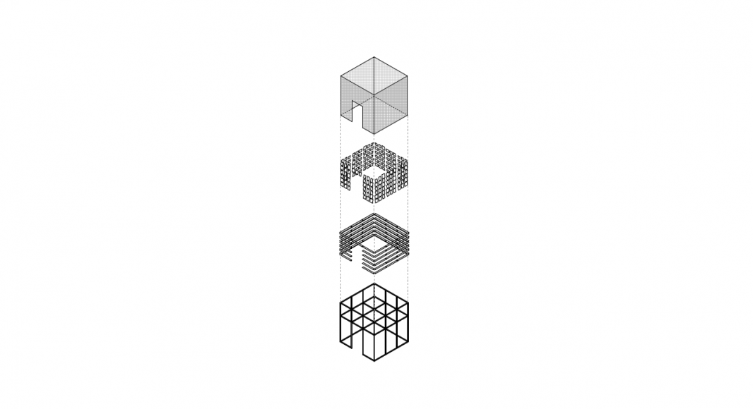 PRESS BOX Axonometric Exploded : Dibujo © SET Architects