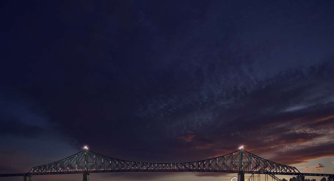 Jacques Cartier Bridge Interactive Illumination (Render)_The Bridge Awakes With Light. WHEN: SUNSET TO DUSK The bridge warms itself up in a slow dance of dots whose colour pull from the colour of the sky above. At dusk, when the sky is darken enough to display the full power of the lights, the bridge comes to life in a four minute dance of light, climaxing with a reveal of the new colour of the day. : Photo credit © Moment Factory