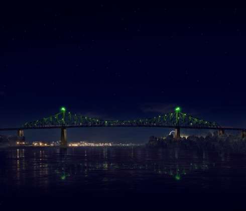 Jacques Cartier Bridge Interactive Illumination (Render)_Hourly Data Show_Mood WHEN: EVERY HOUR, AS PART OF THE HOURLY DATA SHOW For the final visualisation, the mood of the city takes over the bridge. Happy and joyful or downbeat and gloomy, the bridge reflects, in real-time, how the city expresses itself online. : Photo credit © Moment Factory