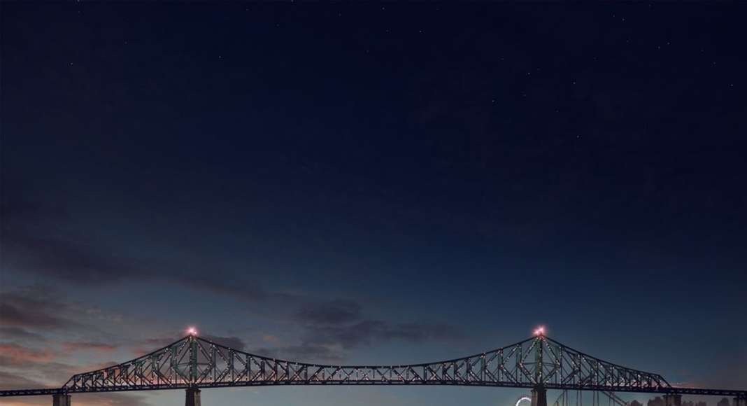 Jacques Cartier Bridge Interactive Illumination (Render)_Good Morning WHEN: JUST BEFORE DAWN At dawn’s first light, the bridge’s exterior skin re-awakens to greet the sun. Taking its colour directly from the sky overhead, the bridge twinkles in the morning light, waving a subtle ‘good morning’ to Montreal’s early risers. : Photo credit © Moment Factory