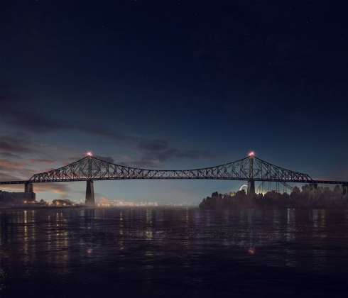 Jacques Cartier Bridge Interactive Illumination (Render)_Good Morning WHEN: JUST BEFORE DAWN At dawn’s first light, the bridge’s exterior skin re-awakens to greet the sun. Taking its colour directly from the sky overhead, the bridge twinkles in the morning light, waving a subtle ‘good morning’ to Montreal’s early risers. : Photo credit © Moment Factory