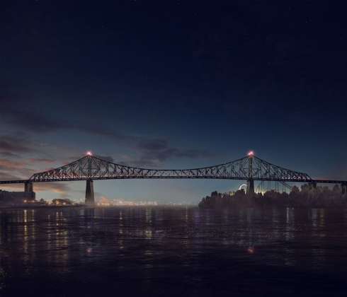 Jacques Cartier Bridge Interactive Illumination (Render)_Good Morning WHEN: JUST BEFORE DAWN At dawn’s first light, the bridge’s exterior skin re-awakens to greet the sun. Taking its colour directly from the sky overhead, the bridge twinkles in the morning light, waving a subtle ‘good morning’ to Montreal’s early risers. : Photo credit © Moment Factory