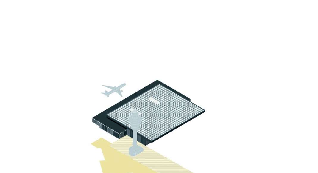 The positioning of the new Amsterdam Airport Schiphol Terminal towards the Jan Dellaert Plein is used as an urban integration method which allows for short and direct routes towards Schiphol Plaza and the train station on the landside, with the aim of keeping Schiphol a “compact city”. : Scheme © KAAN Architecten