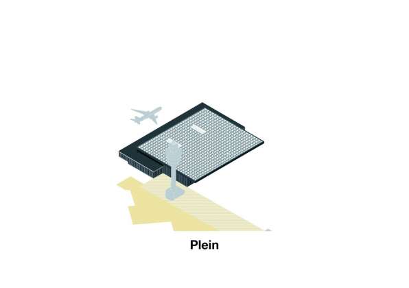 The positioning of the new Amsterdam Airport Schiphol Terminal towards the Jan Dellaert Plein is used as an urban integration method which allows for short and direct routes towards Schiphol Plaza and the train station on the landside, with the aim of keeping Schiphol a “compact city”. : Scheme © KAAN Architecten