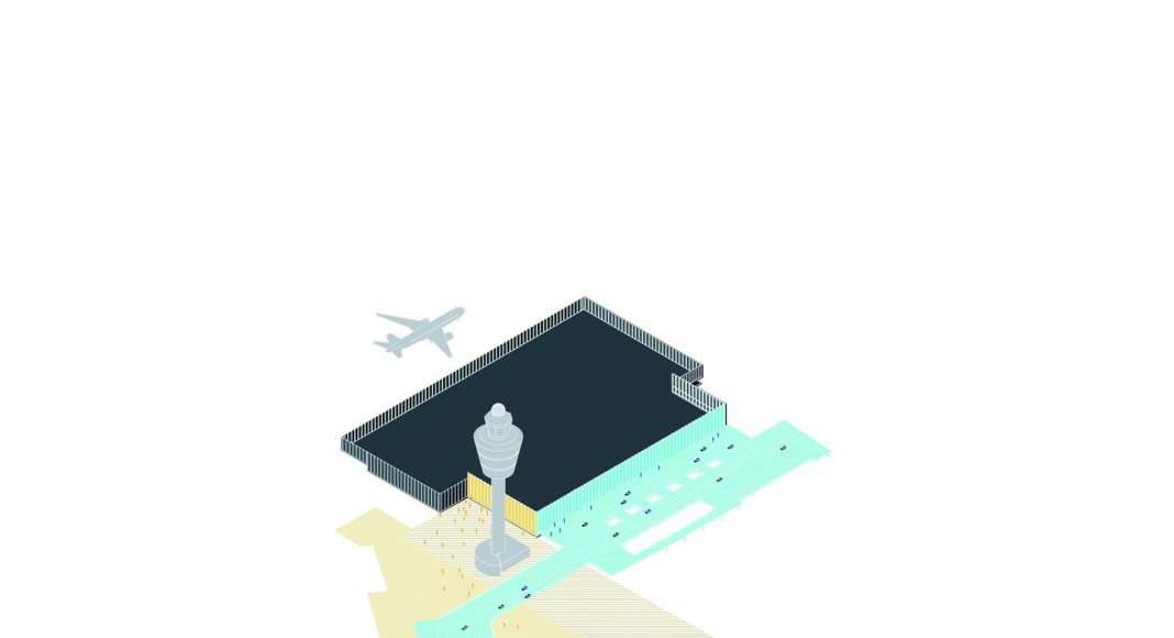 By providing two different points of access and by allowing a seamless continuity and coherence of movement from interior to exterior, the exterior areas of the terminal become connecting and integral spaces which allow for the new Amsterdam Airport Schiphol Terminal to become a part of the whole, rather than a separate entity. : Scheme © KAAN Architecten