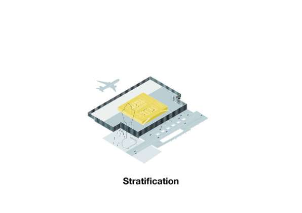 One of the main architectural qualities of the new Amsterdam Airport Schiphol Terminal consists in its layering of seemingly contradictory elements: the practical and highly functional areas on the one hand, and the comfortable, large space infused with light on the other. : Scheme © KAAN Architecten