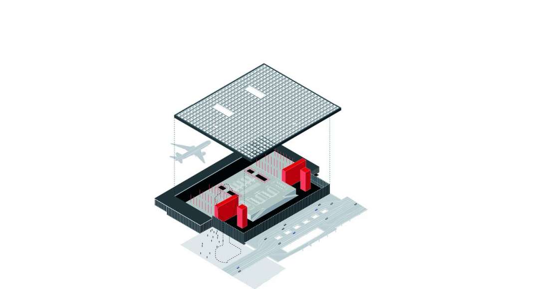 The structural elements of the new Amsterdam Airport Schiphol Terminal are as unobtrusive as possible, while simultaneously instilling confidence with their presence. The passengers are able to move freely through the crowds while being able to observe the entire environment in a single glance. : Scheme © KAAN Architecten