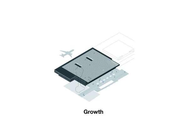 The new Amsterdam Airport Schiphol Terminal is envisioned as an ideal yet flexible module which allows for future growth and evolutionary expansion in accordance with the Schiphol DNA. : Scheme © KAAN Architecten