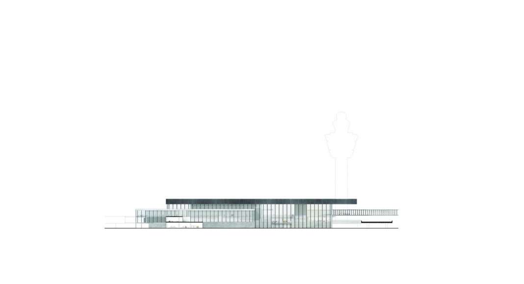 The drawing of the North East Elevation of the new Amsterdam Airport Schiphol Terminal depicting the entrance from Jan Dellaert Plein leading to the Arrivals area on the ground floor and the Departure area on the first floor. : Drawing © KAAN Architecten