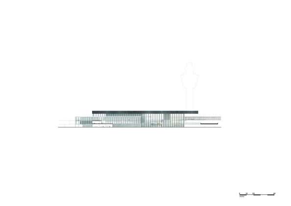 The drawing of the North East Elevation of the new Amsterdam Airport Schiphol Terminal depicting the entrance from Jan Dellaert Plein leading to the Arrivals area on the ground floor and the Departure area on the first floor. : Drawing © KAAN Architecten