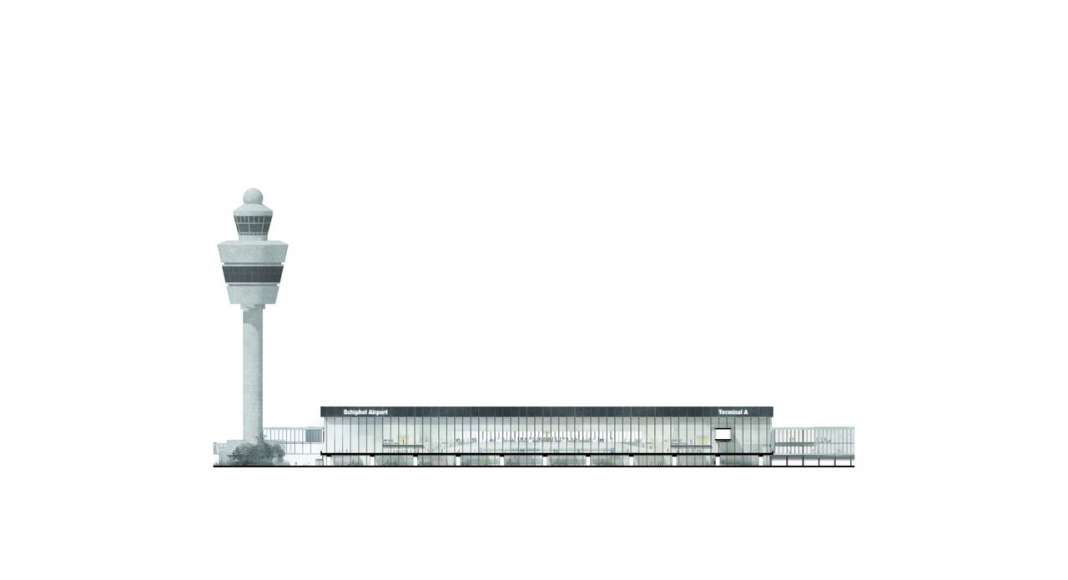 The drawing of the North West Elevation of the new Amsterdam Airport Schiphol Terminal depicting the entrance to the Departures area on the first floor (the level of the existing road overpass). : Drawing © KAAN Architecten