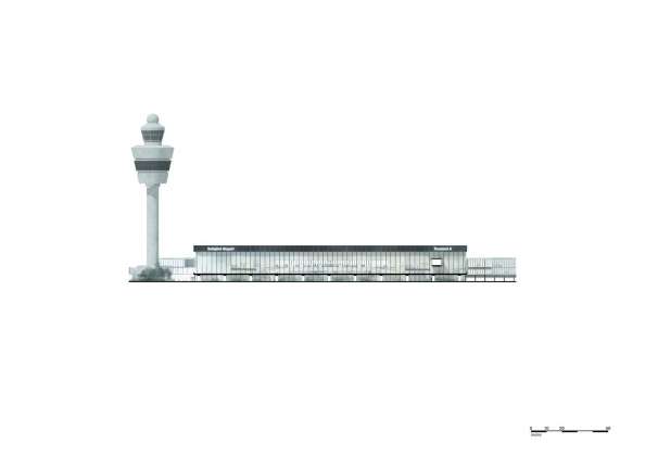 The drawing of the North West Elevation of the new Amsterdam Airport Schiphol Terminal depicting the entrance to the Departures area on the first floor (the level of the existing road overpass). : Drawing © KAAN Architecten