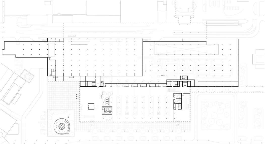 The drawing shows the plan of the ground level of the new Amsterdam Airport Schiphol Terminal containing the arrivals area and baggage hall as well as the position and relation to the existing temporary terminal. : Drawing © KAAN Architecten