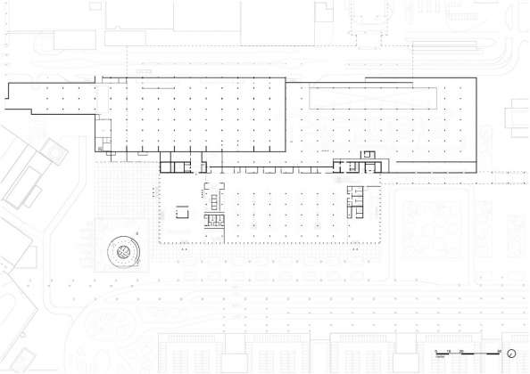 The drawing shows the plan of the ground level of the new Amsterdam Airport Schiphol Terminal containing the arrivals area and baggage hall as well as the position and relation to the existing temporary terminal. : Drawing © KAAN Architecten