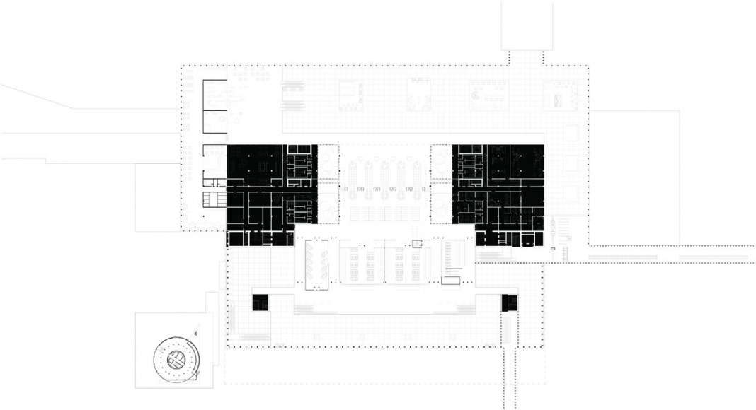 The drawing shows the plan of the second floor of the new Amsterdam Airport Schiphol Terminal. It depicts the relationship of the plateau, positioned on the 2nd floor, with the departures area on the landside and the passenger area on the airside. : Drawing © KAAN Architecten