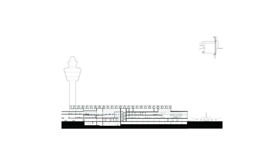 The drawing shows the cross section through the new Amsterdam Airport Schiphol Terminal positioned through the connecting bridge and one of the cores. It depicts various connection points of the new terminal with existing and future buildings. : Drawing © KAAN Architecten