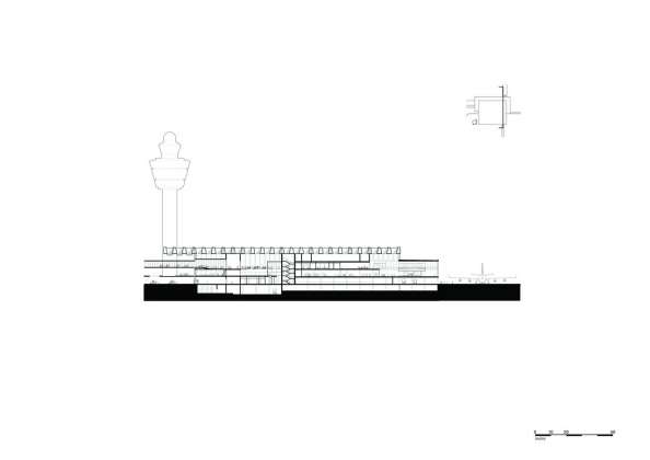 The drawing shows the cross section through the new Amsterdam Airport Schiphol Terminal positioned through the connecting bridge and one of the cores. It depicts various connection points of the new terminal with existing and future buildings. : Drawing © KAAN Architecten