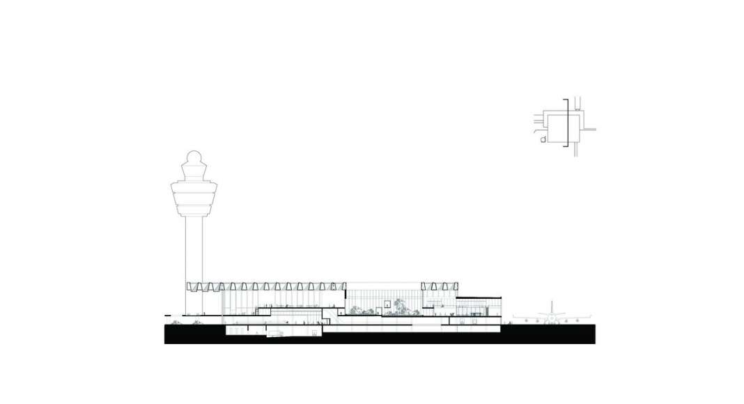 The drawing shows the cross section through the new Amsterdam Airport Schiphol Terminal positioned through one of the buildings patios. It shows the relationship of the plateau, the patio and the airside area. : Drawing © KAAN Architecten