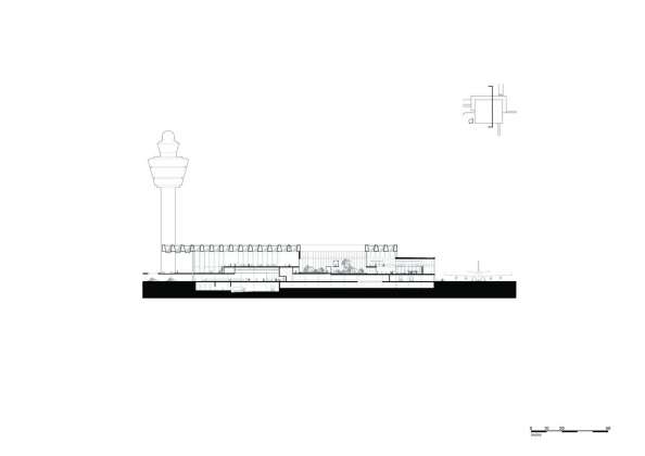 The drawing shows the cross section through the new Amsterdam Airport Schiphol Terminal positioned through one of the buildings patios. It shows the relationship of the plateau, the patio and the airside area. : Drawing © KAAN Architecten