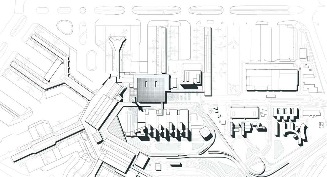 The drawing depicts the site plan of the Schiphol area showing the urban integration of the new Amsterdam Airport Schiphol Terminal with the existing buildings.: Drawing © KAAN Architecten