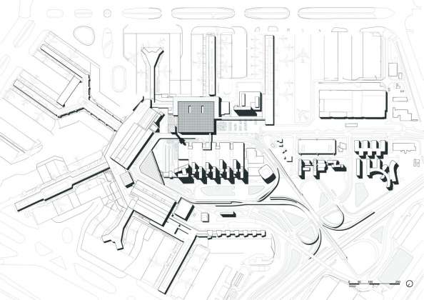 The drawing depicts the site plan of the Schiphol area showing the urban integration of the new Amsterdam Airport Schiphol Terminal with the existing buildings.: Drawing © KAAN Architecten