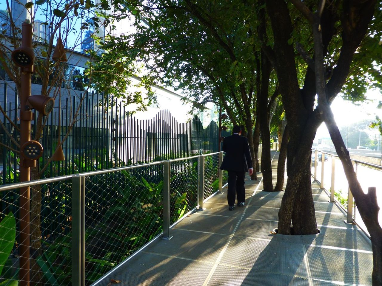 The elevated perforated metal path transforms the narrow sidewalk into a unique experience of walking in the canopies of the trees : Photo credit courtesy of © Balmori Associates