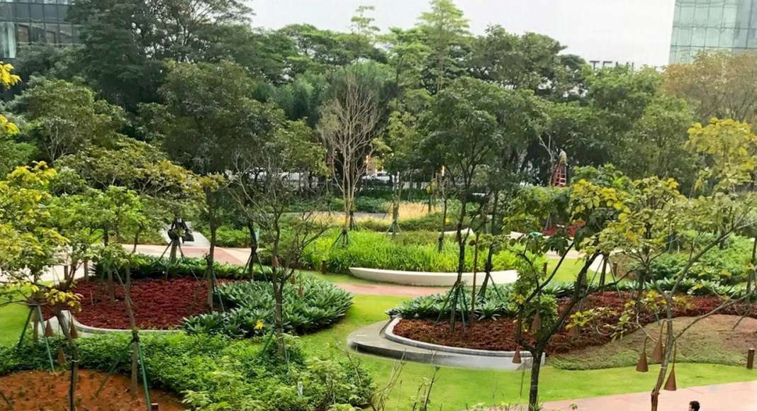 End of the winter season 2017. The topographic garden of planted islands curates visual connections between the towers’ lobby and forest : Photo credit courtesy of © Balmori Associates