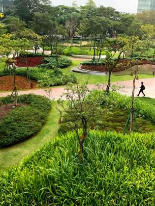 End of the winter season 2017. The topographic garden of planted islands curates visual connections between the towers’ lobby and forest : Photo credit courtesy of © Balmori Associates