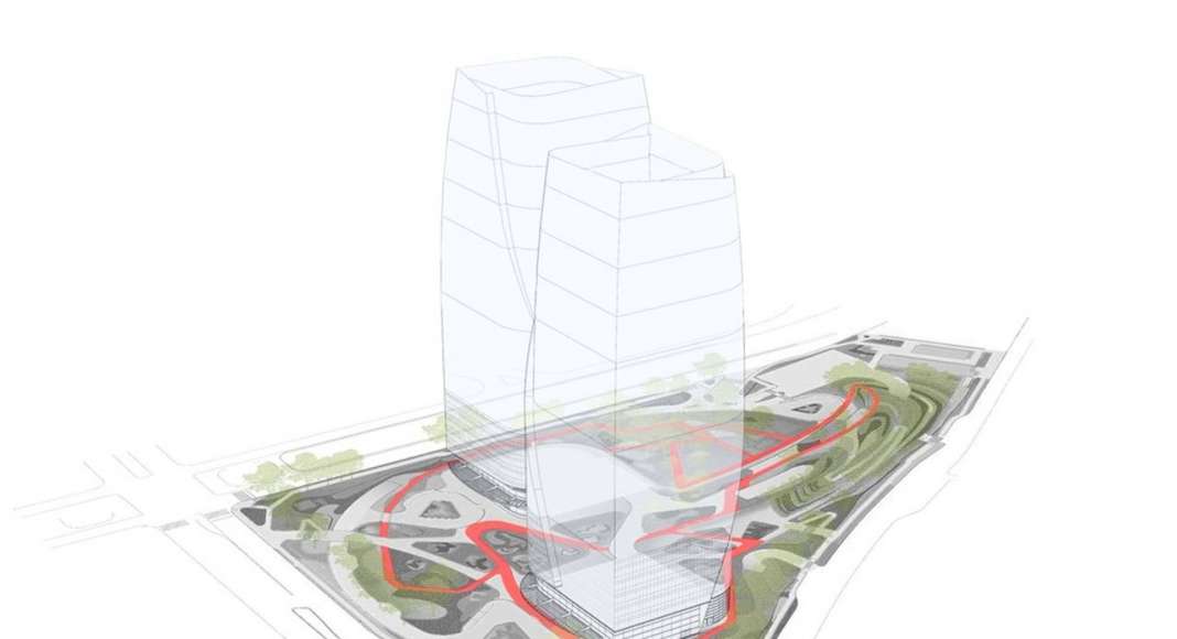 Diagram depicts in red the 1km (0.6 miles) pedestrian loop through the site : Photo credit courtesy of © Balmori Associates