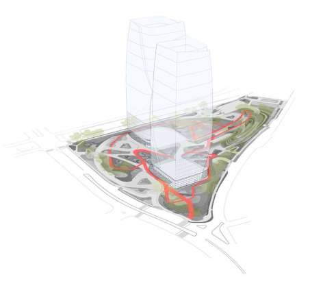 Diagram depicts in red the 1km (0.6 miles) pedestrian loop through the site : Photo credit courtesy of © Balmori Associates